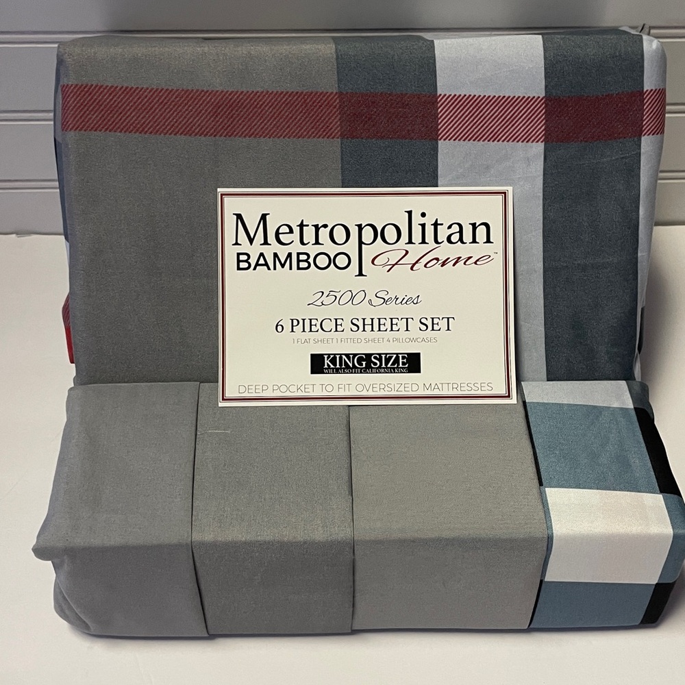 Metropolitan Bamboo Home Gray Plaid King Size Sheet Set